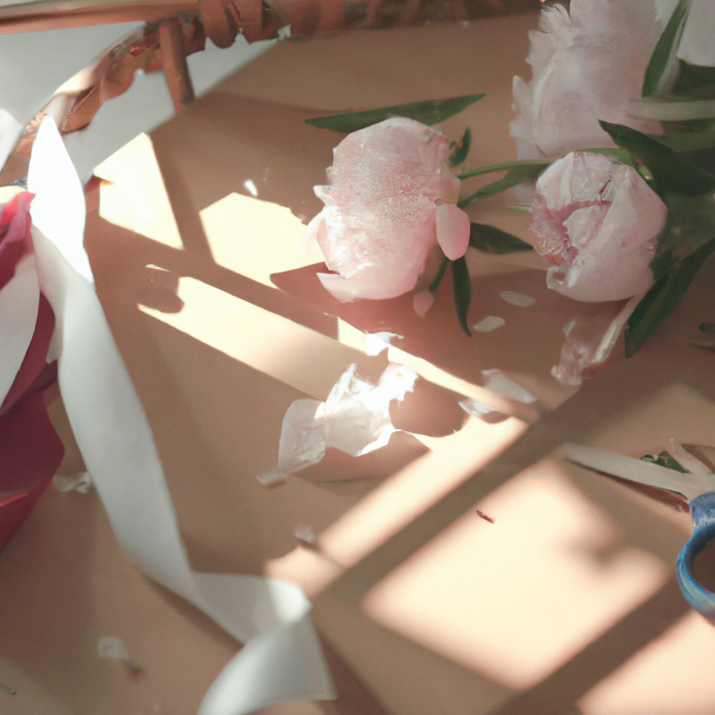 Floristry workbench with fresh peonies, scissors, ribbons, and soft sunlight for a modern minimalist course mood.