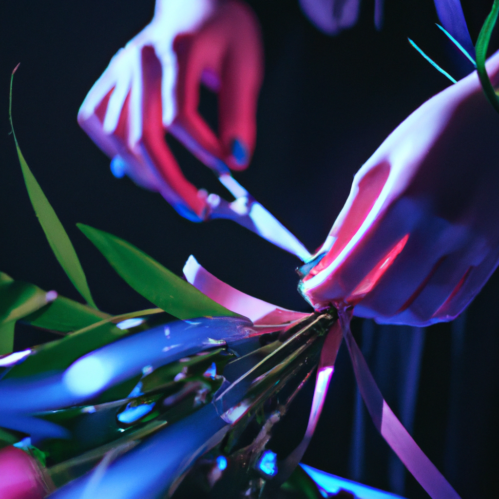 Close-up hands arranging floral stems with ribbon and shears on a dark workbench, soft neon reflections, premium editorial look